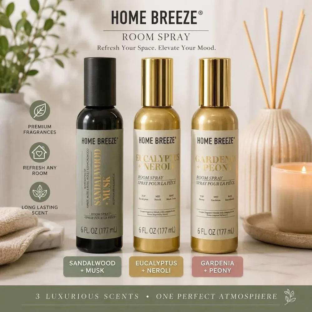 Home Breeze Luxury Room Spray 6oz Choose Scent Sandalwood Eucalyptus Peony